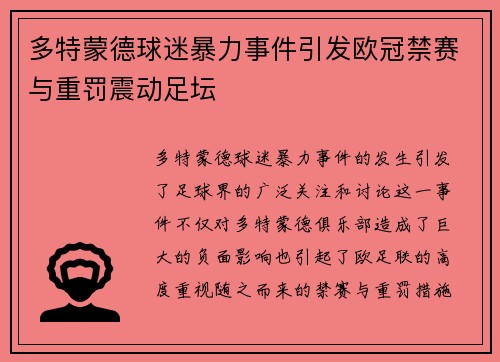 多特蒙德球迷暴力事件引发欧冠禁赛与重罚震动足坛