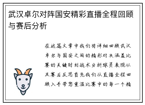 武汉卓尔对阵国安精彩直播全程回顾与赛后分析