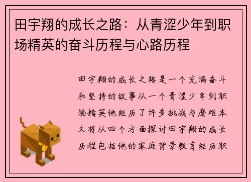 田宇翔的成长之路：从青涩少年到职场精英的奋斗历程与心路历程