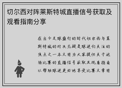 切尔西对阵莱斯特城直播信号获取及观看指南分享