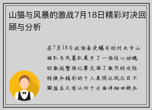 山猫与风暴的激战7月18日精彩对决回顾与分析