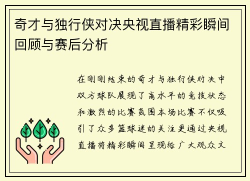 奇才与独行侠对决央视直播精彩瞬间回顾与赛后分析