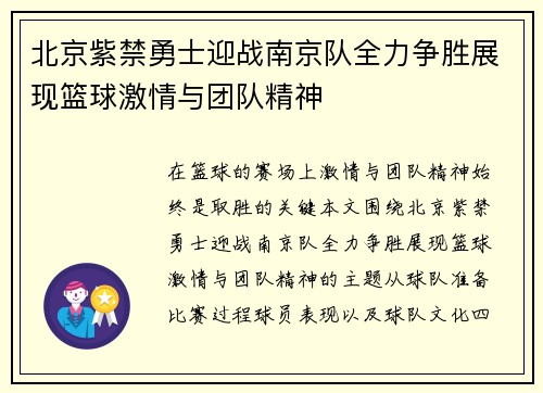 北京紫禁勇士迎战南京队全力争胜展现篮球激情与团队精神