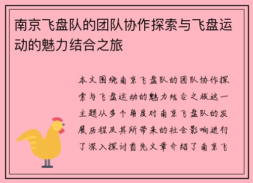 南京飞盘队的团队协作探索与飞盘运动的魅力结合之旅