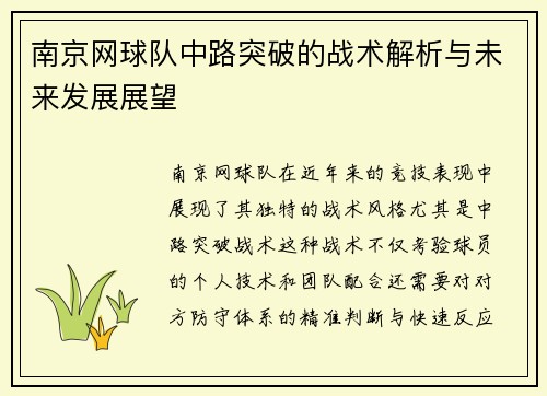 南京网球队中路突破的战术解析与未来发展展望