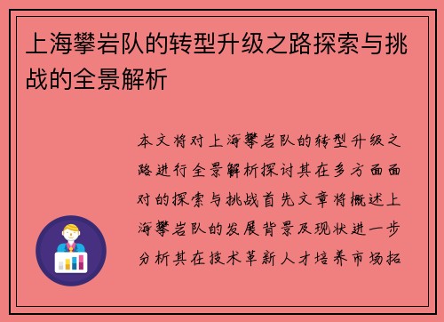 上海攀岩队的转型升级之路探索与挑战的全景解析
